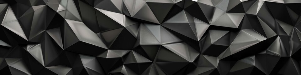 Faceted Dark Geometric Background with Triangular Mosaic Texture. 3D Render of Black Crystal Polygon Panorama for Abstract Wallpaper Design