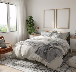 Modern Bedroom Design: A Blend of White, Gray, and Black Generative AI