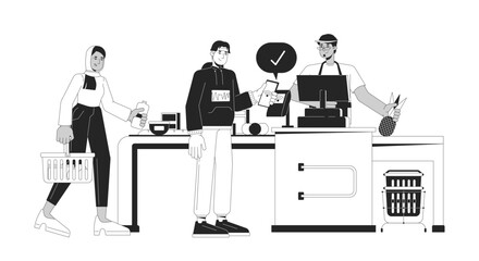 Man NFC contactless paying at checkout black and white 2D line cartoon characters. Diverse customers cashier isolated vector outline people. Buying groceries store monochromatic flat spot illustration