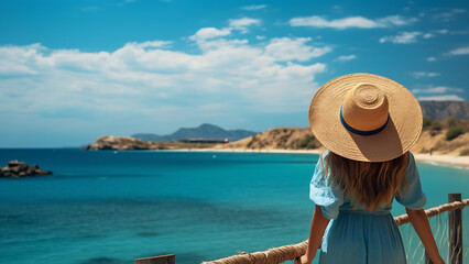 Summer beach holiday concept, woman in hat relaxing.