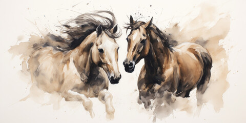 Watercolor paints of two horses on a white background. Illustration in pastel beige colors. - obrazy, fototapety, plakaty