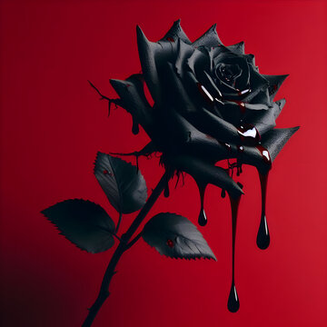 A black rose, long stem, withered, a drop of blood on the rose petal, on a red background.