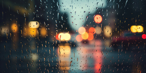 Water drops on glass with blurry view of a rainy city street. The lights of the lanterns of the...