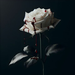 A white rose, long stem, withered, a drop of blood on the rose petal, on a black background.