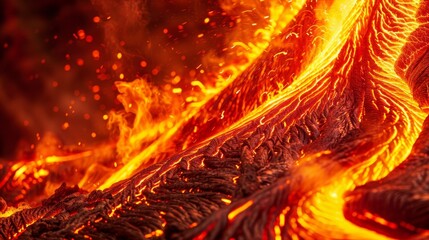 Close-up of molten lava flow with intricate patterns and intense glow, highlighting the heat and fluidity.