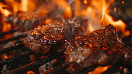 Close-up of steaks cooking over open flame on grill.