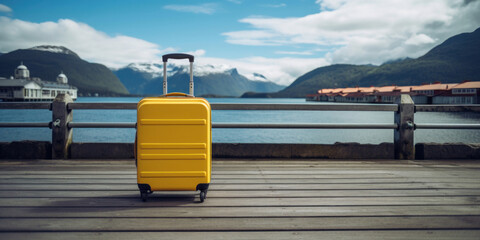 Yellow travel suitcase on a wooden pier for tourist ships and boats with snowy mountains on the...