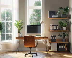 Fototapeta premium Contemporary home office with a wooden desk, plants, and sunlight through windows.