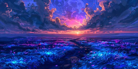 Purple Sunset in the Fields: A Colorful and Dreamy Scene Generative AI