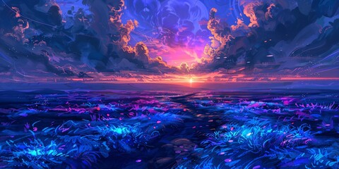 Obraz premium Purple Sunset in the Fields: A Colorful and Dreamy Scene Generative AI