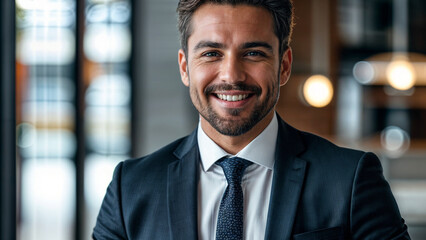 Fototapeta premium portrait of successful businessman consultant looking at camera and smiling inside modern office building