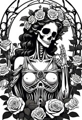 black and white drawing of a Greek goddess skeleton.  Roses in the background. Death, dead, evil, bones.