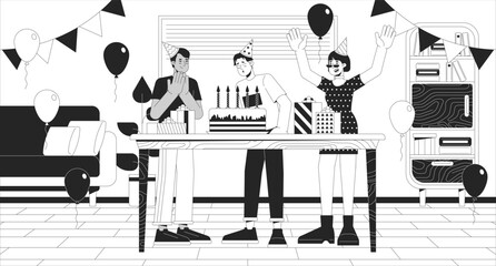 Birthday party at home black and white line illustration. Asian man blowing candles with friends 2D characters monochrome background. Happy holiday celebration outline scene vector image