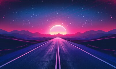 Pink Sunset on the Road to Nowhere: A Trip to the Moon in the Neon Sky Generative AI - obrazy, fototapety, plakaty