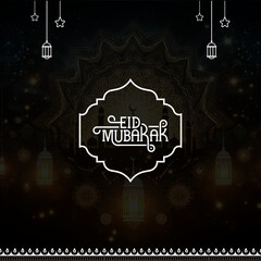 Eid mubarak islamic festival greeting background with hanging lantern and typography