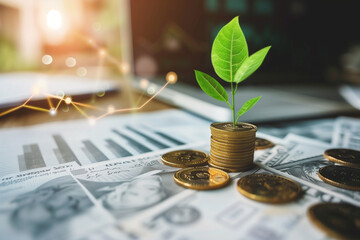 Small plant growing and coins and green economic and financial statistic report background, financial growth concept by generative AI.