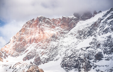 Rocky mountains with glaciers and snow in the Fan Mountains in Tajikistan, Tien Shan highlands