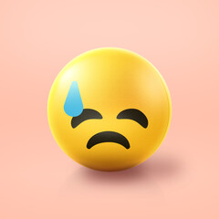 Nervous sweatdrop Emoji stress ball on shiny floor. 3D emoticon isolated.