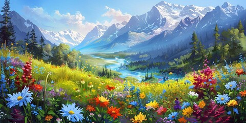 Blooming Mountainside: A Vibrant Display of Wildflowers in the Alps Generative AI