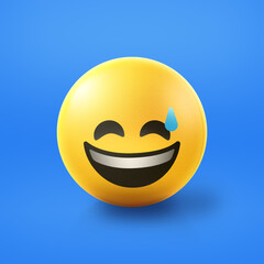 Fototapeta premium Sweatdrop smiling Emoji stress ball on shiny floor. 3D emoticon isolated.
