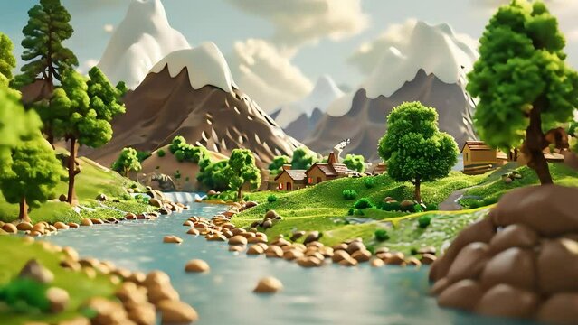 3D illustration of green landscape with mountain and rivers flow
