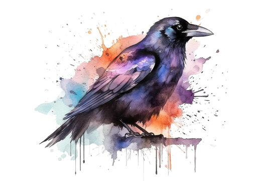 white background drawn watercolors colored multi Raven isolated AI Generated