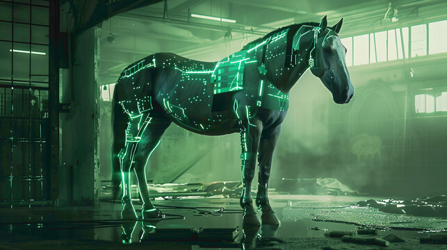 white robotic horse in the night.