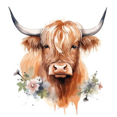 Watercolor Spring Highland Cow Clipart 
