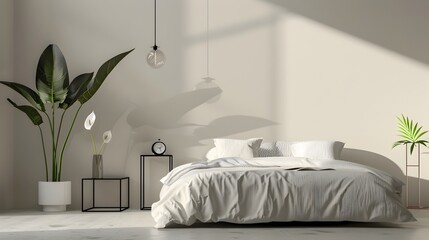 Minimalist Bedroom Design in Calm Powder Hues Featuring a Plush Platform Bed and a Peace Lily