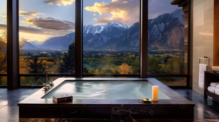 Luxurious Loft Bathroom with Stunning Sunset Views of the Snow-Capped Rocky Mountains