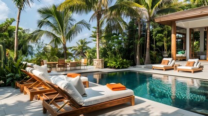 Obraz premium Luxury Beach House Poolside Paradise with Tropical Greenery and Stunning Ocean View