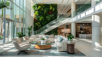 Luxury Miami Hotel Lobby with Living Wall and Natural Light - obrazy, fototapety, plakaty