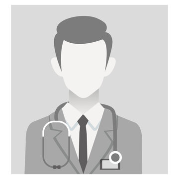 Default placeholder doctor portrait photo avatar on grey background. grayscale healthcare professional Avatar, health worker icon, male profile picture for unknown or anonymous individuals.