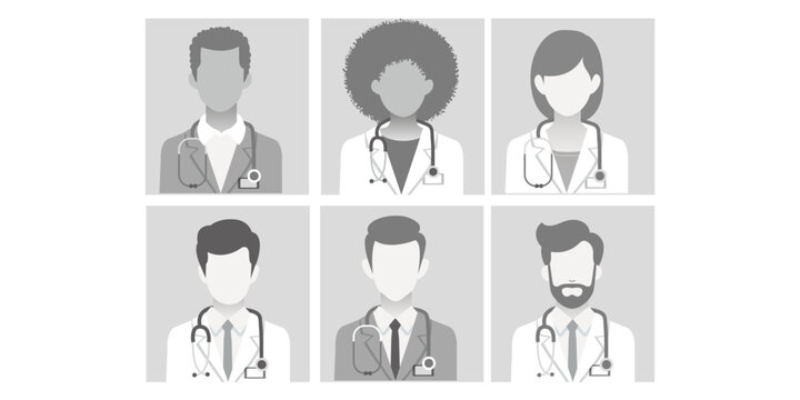 Default placeholder doctor portrait photo avatar on Gray Background. Greyscale silhouettes profile picture for unknown or anonymous individuals. Vector illustration Isolated On background.