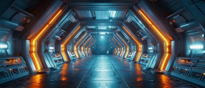 Rendering of dark abstract sci-fi tunnel with futuristic triangle spaceship corridor in 3D.