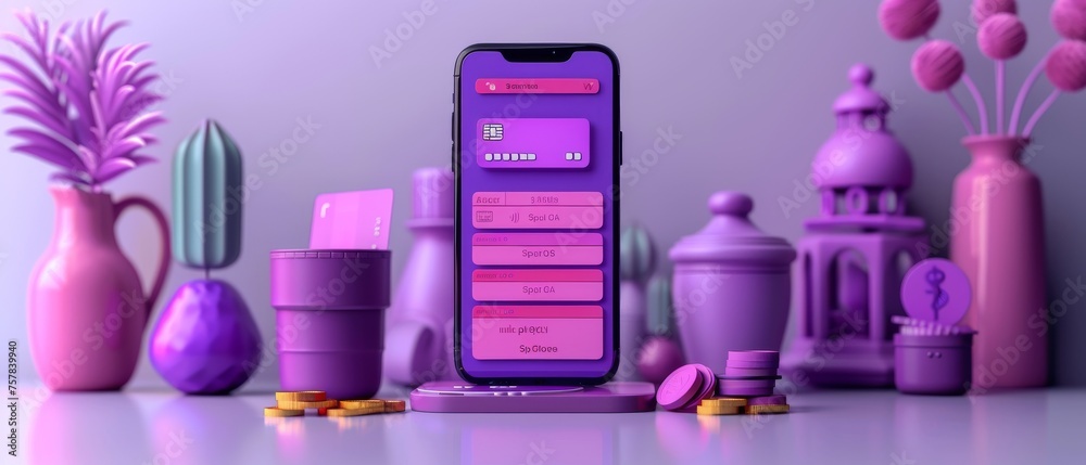 Poster An image of a 3D phone with the head of a credit card and a wallet. A concept of an online payment system. A mobile wallet application. A banking app. Transferring money via smartphone. Shopping with