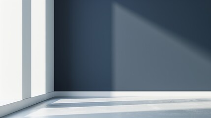 minimal room backdrop. navy wall, space, and window with shadow and sunlight.