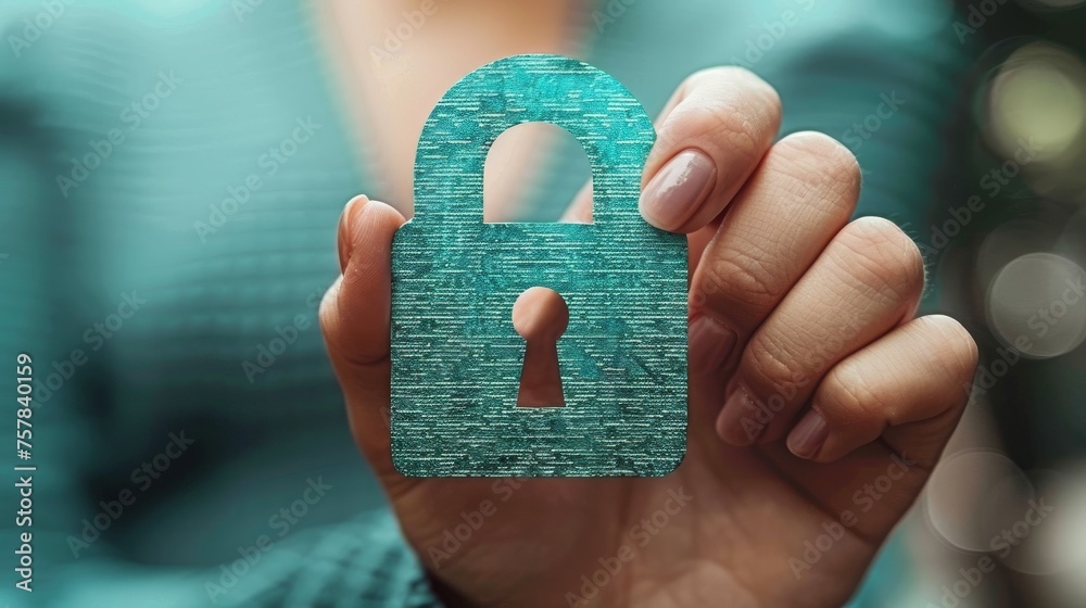 Poster A businessman holds a symbol of unlocking. Concept of hacking and attack, security, and unlocking.
