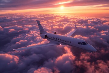 A captivating view of an airplane flying above the clouds at sunset
