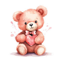 Watercolor Valentines Teddy Bear Clipart