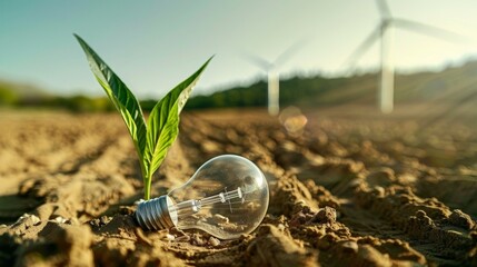 A light bulb is located on the soil, while plants grow beside the wind turbine. Renewable sources of energy are essential in the future. Green energy, eco energy is becoming more and more popular.