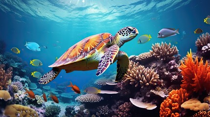 Colorful coral reef with many fishes and sea turtle. Underwater wildlife panorama Coral reef with wild.