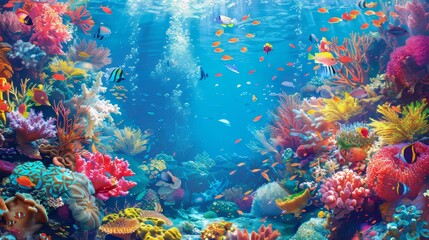 Naklejka na ściany i meble A coral reef and exotic fish are depicted in this underwater scene