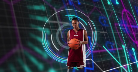 Image of african american female basketball player over scope scanning on black background