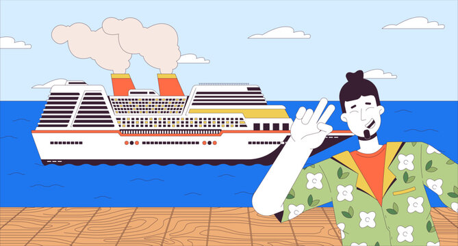 Tourist posing in front of cruise ship cartoon flat illustration. Selfie taking traveler caucasian man on pier 2D line character colorful background. Waterfront boat scene vector storytelling image