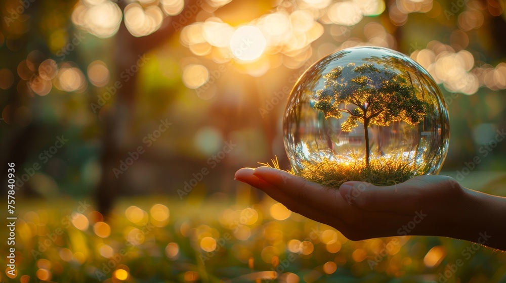 Poster holding a glass globe ball in hand with a blurred background of green nature and trees growing.