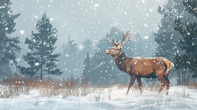 Forest deer against the backdrop of a winter forest landscape. Winter time background