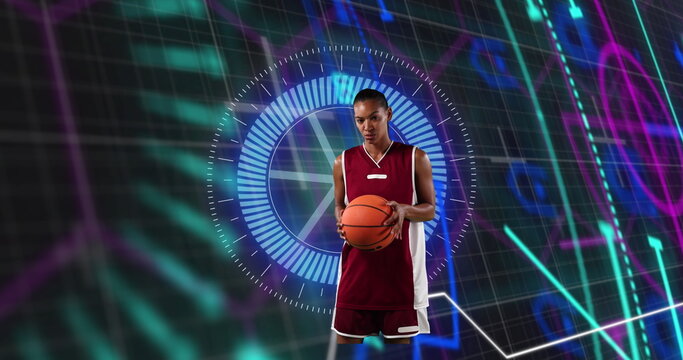 Image of african american female basketball player over scope scanning on black background