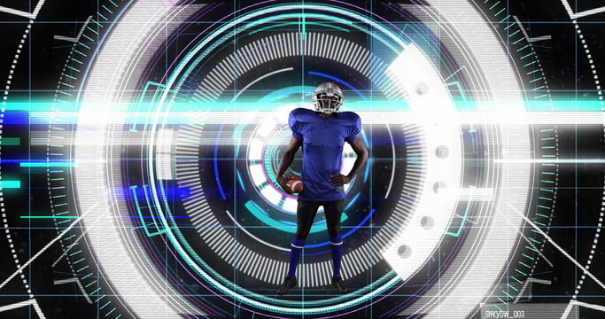 Image of african american male rugby player over scope scanning on black background