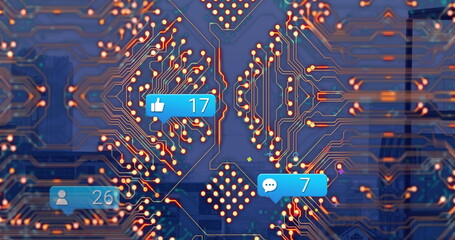 Image of social media icons with growing number and computer circuit board over cityscape